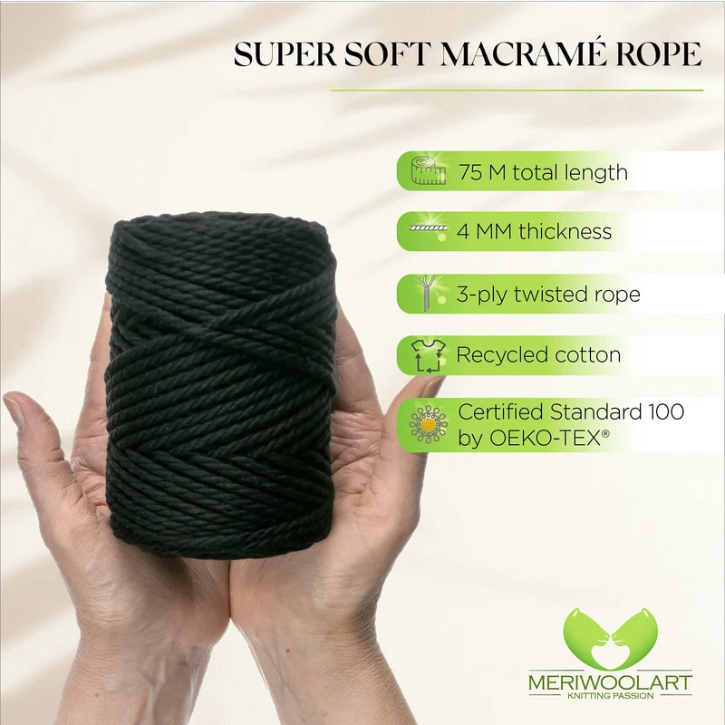 BLACK MACRAMÉ ROPE 4 MM, 75 M