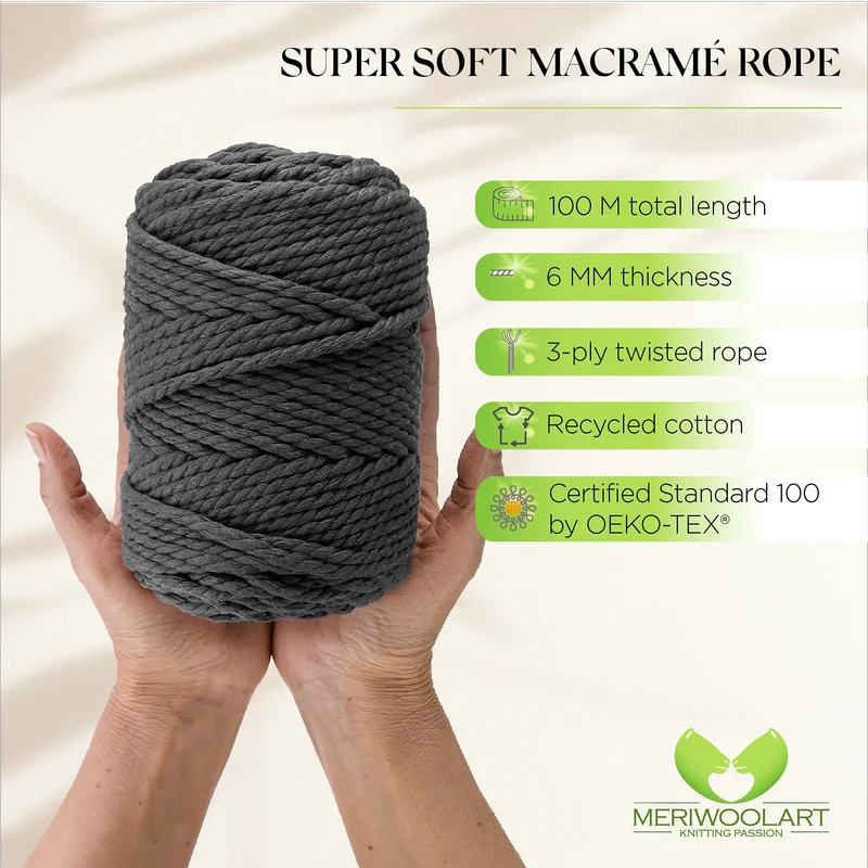 GRAPHITE MACRAMÉ ROPE 6 MM, 100 M