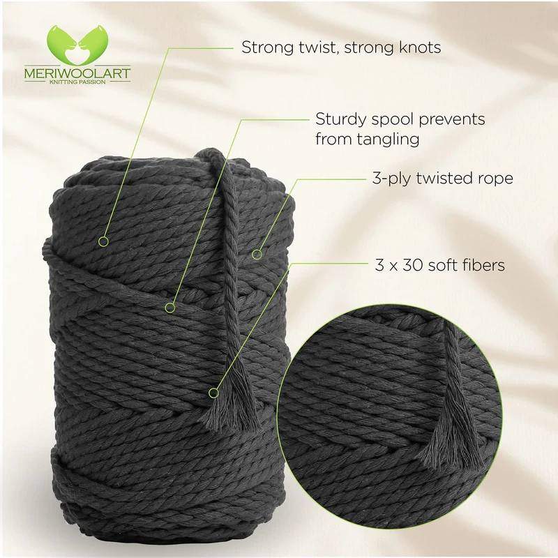 GRAPHITE MACRAMÉ ROPE 6 MM, 100 M