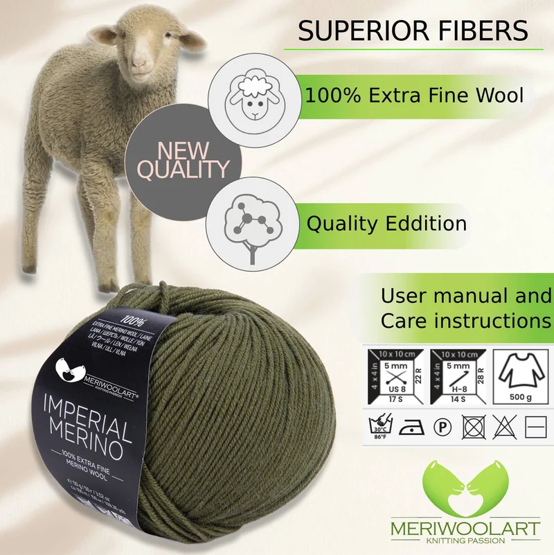 IMPERIAL Khaki MERINO WOOL YARNS 50g 125m