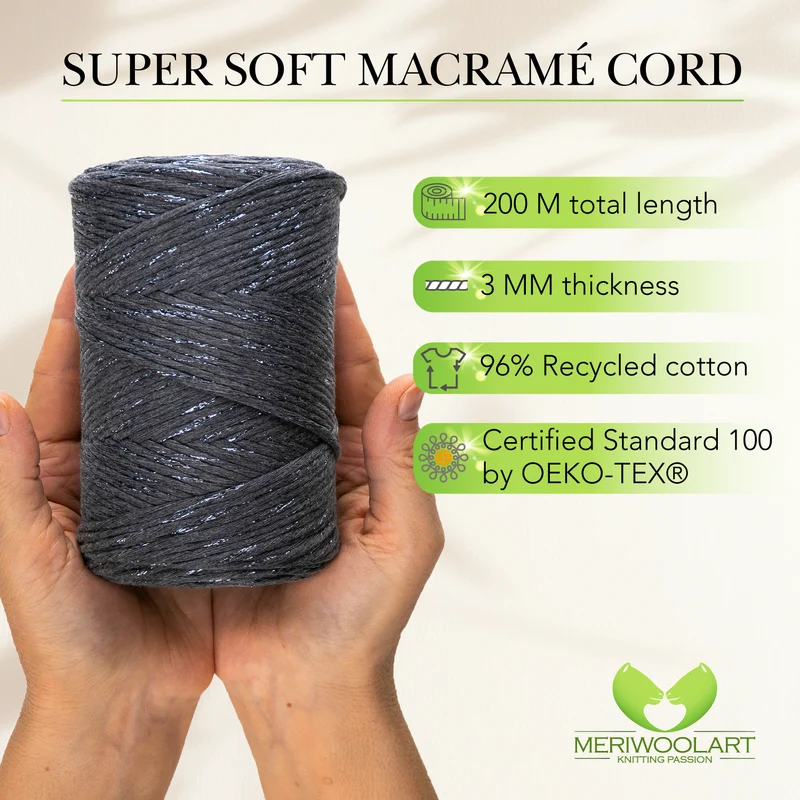 Graphite Lurex Single Twisted Macramé 3mm 200m