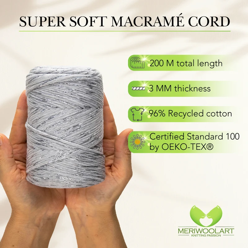 Light Gray Lurex Single Twisted Macramé 3mm 200m