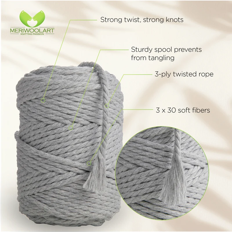 LIGHT GREY MACRAMÉ ROPE 6 MM, 100 M