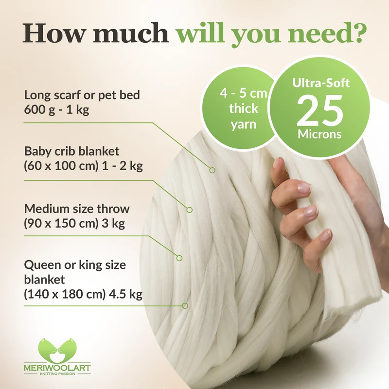 WHITE SUPER CHUNKY MERINO WOOL 4-5 CM, 25 MICRONS