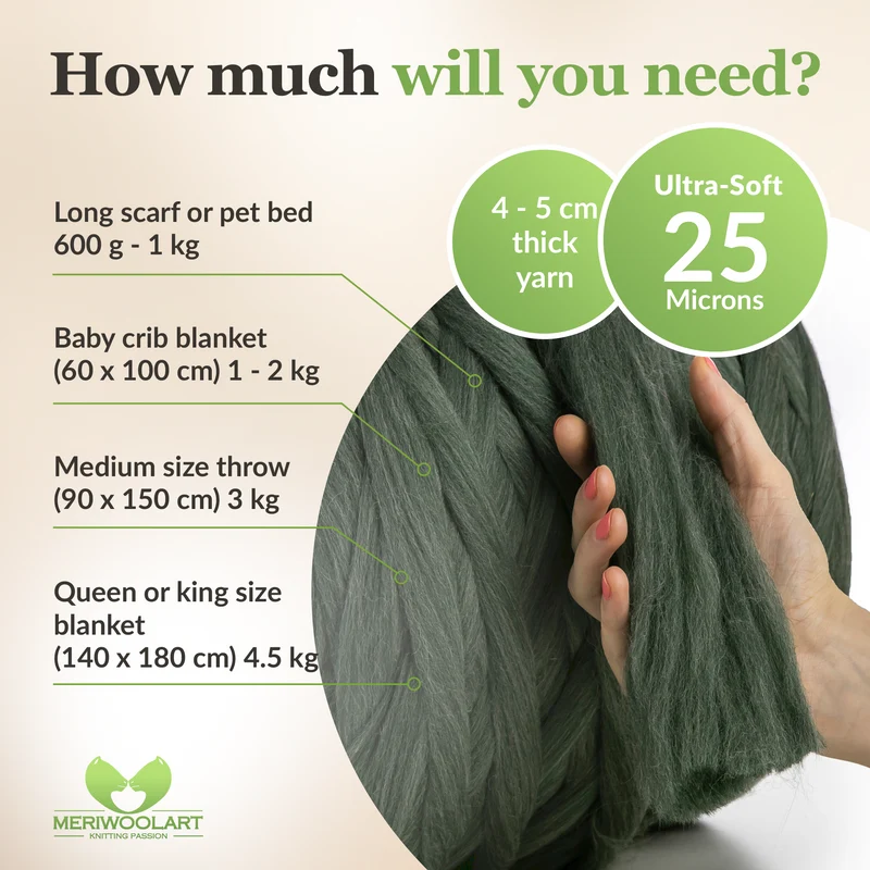 GREEN MELANGE SUPER CHUNKY MERINO WOOL 4-5 CM, 25 MICRONS