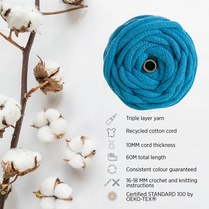 TURQUOISE RECYCLED COTTON CORD 10 MM, 60 M