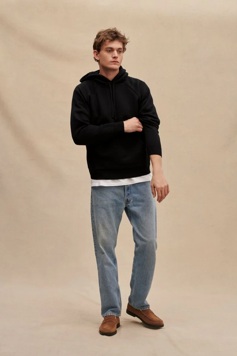 Hoodie noir en laine mérinos pour homme