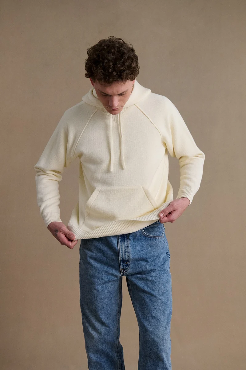 Hoodie écru en laine mérinos pour homme