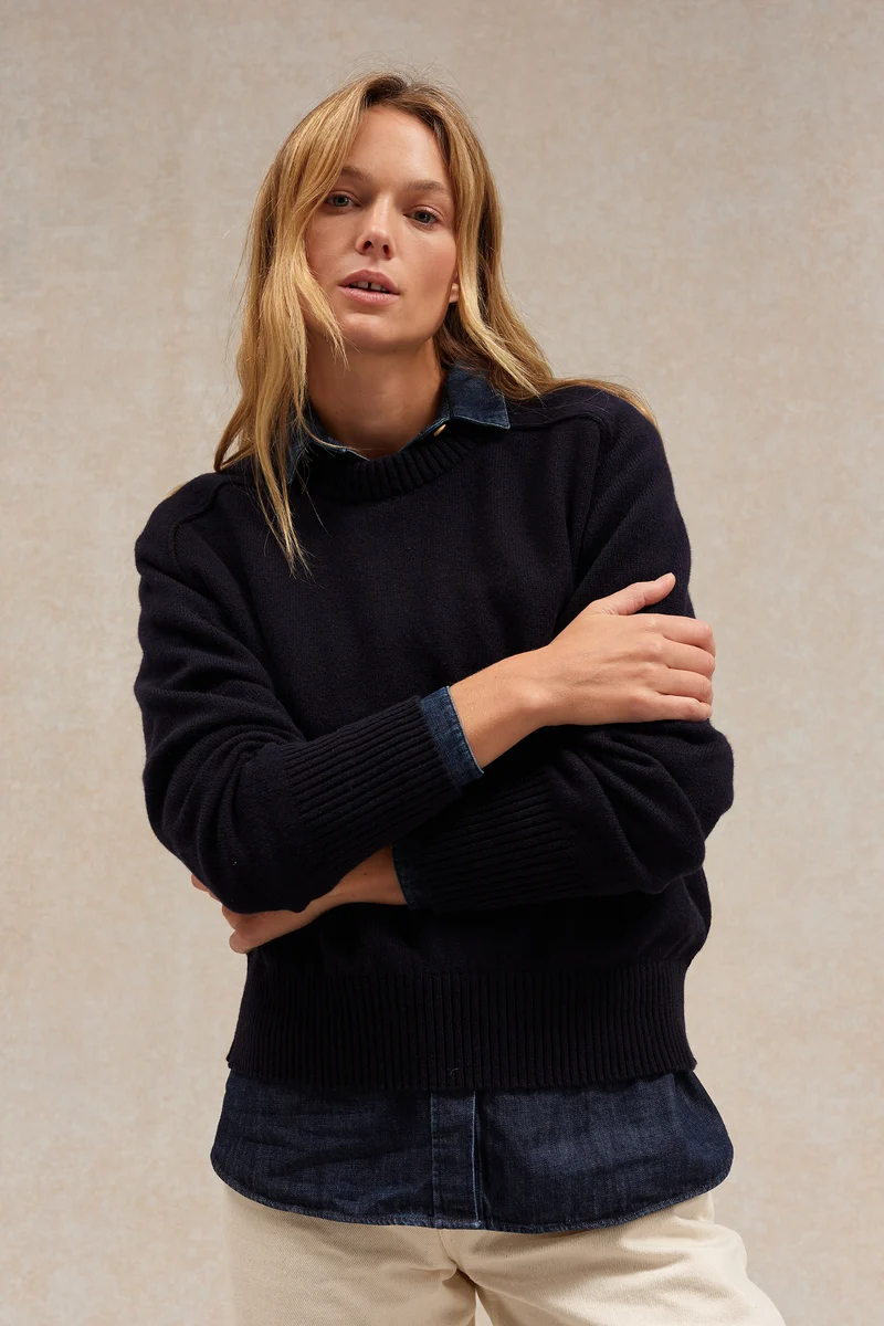Pull femme col rond bleu marine