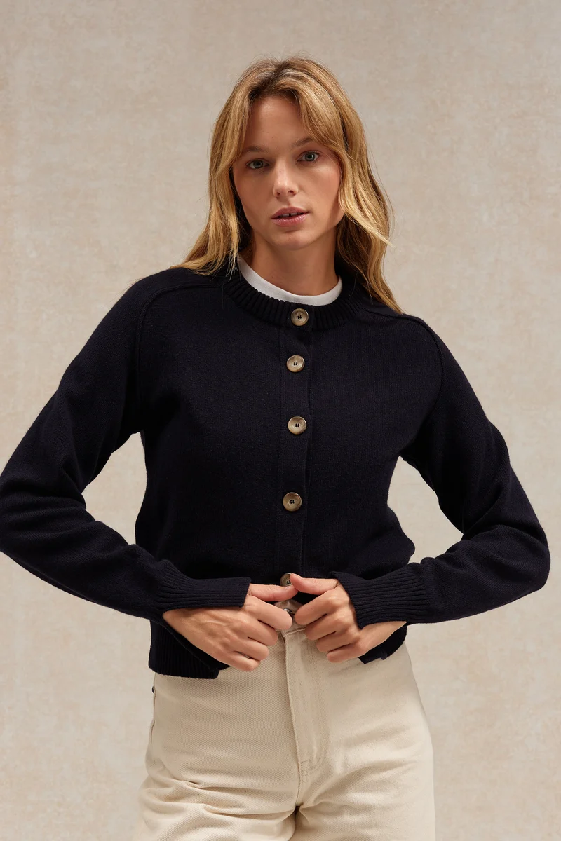 Cardigan bleu marine en laine mérinos pour femme