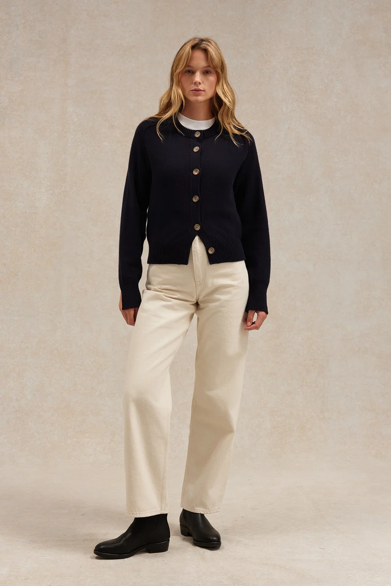Cardigan bleu marine en laine mérinos pour femme
