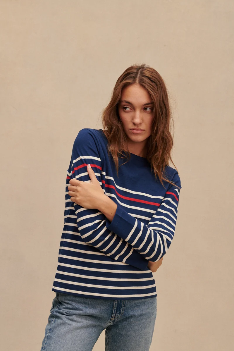 Marinière originale bleu marine avec rayure rouge pour femme
