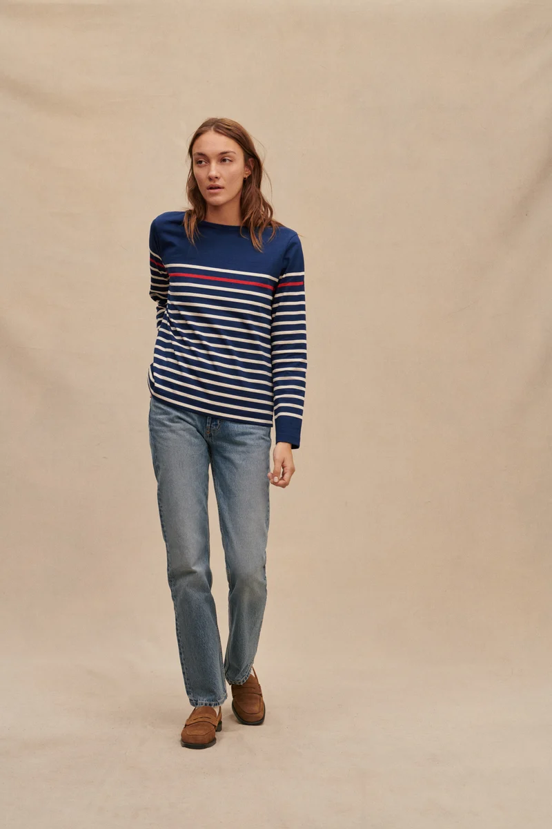 Marinière originale bleu marine avec rayure rouge pour femme