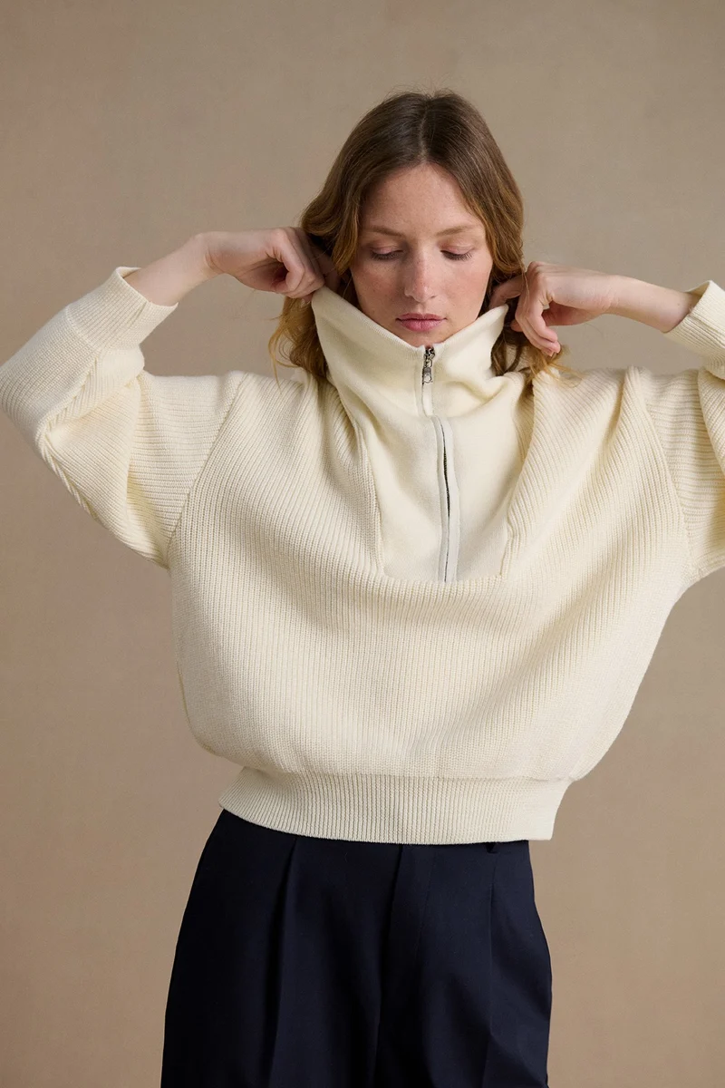 Pull col camionneur mérinos écru pour femme