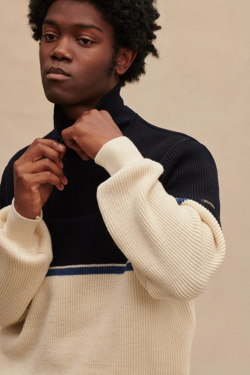 Pull camionneur écru et bleu marine pour homme