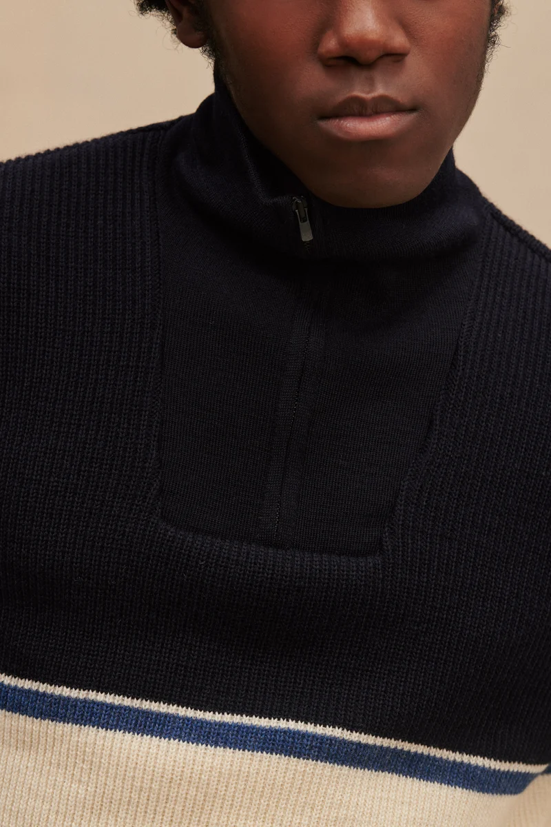 Pull camionneur écru et bleu marine pour homme