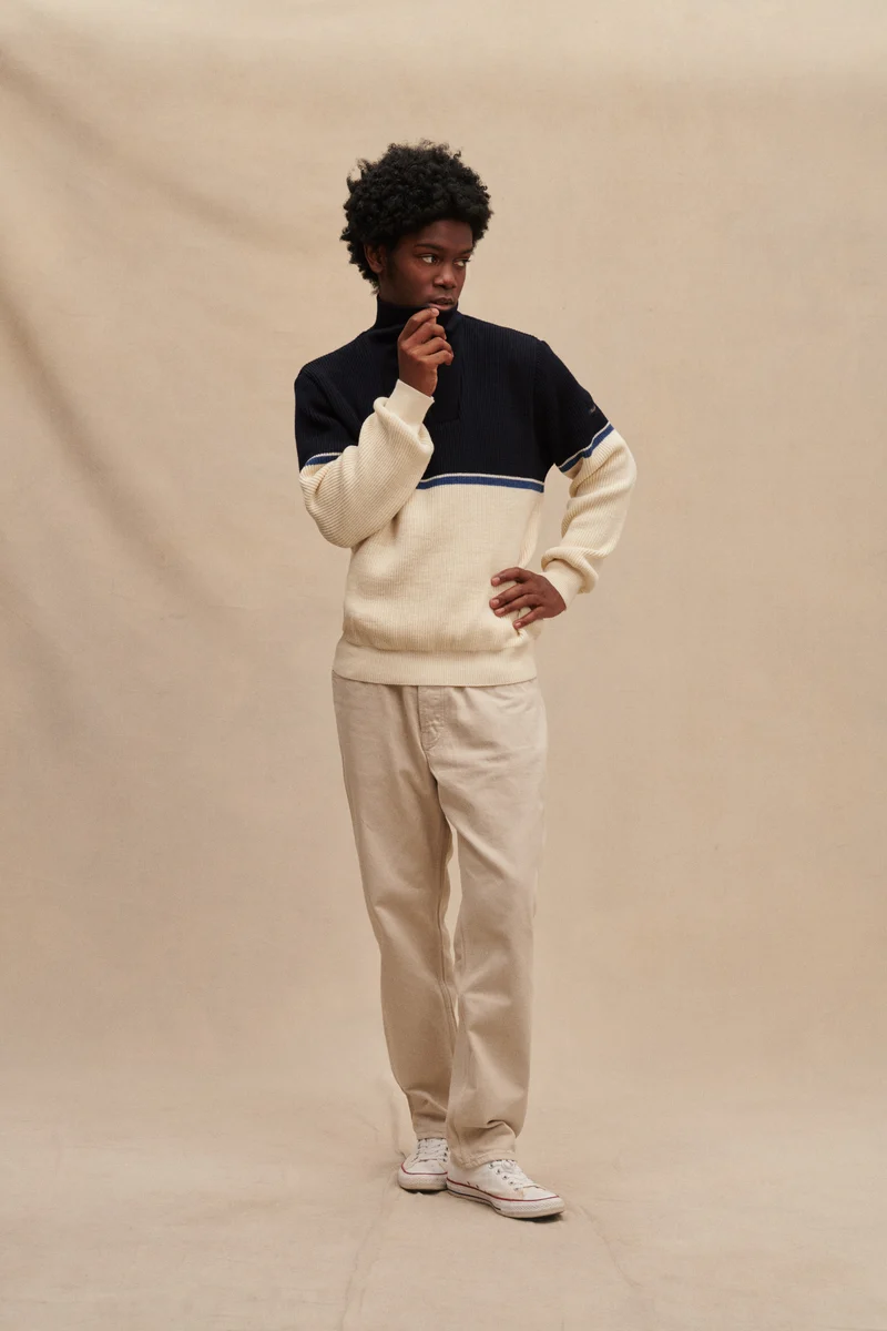 Pull camionneur écru et bleu marine pour homme