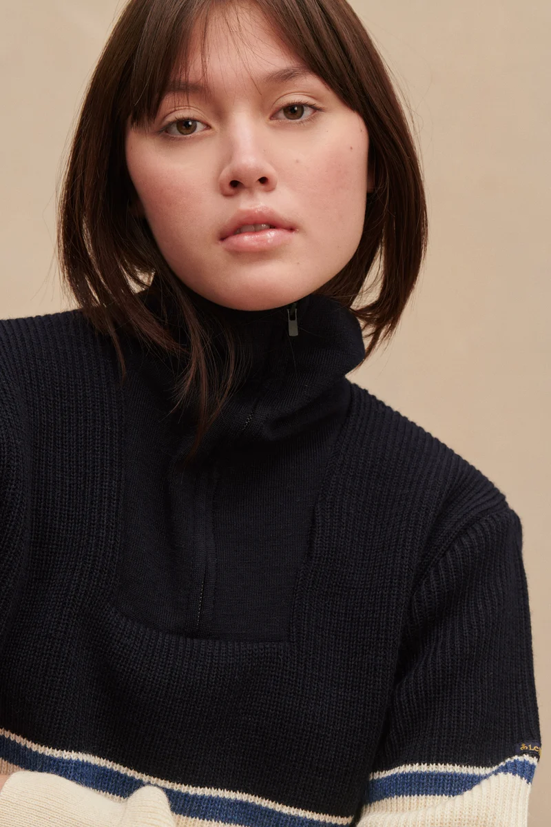 Pull camionneur écru et bleu marine pour femme