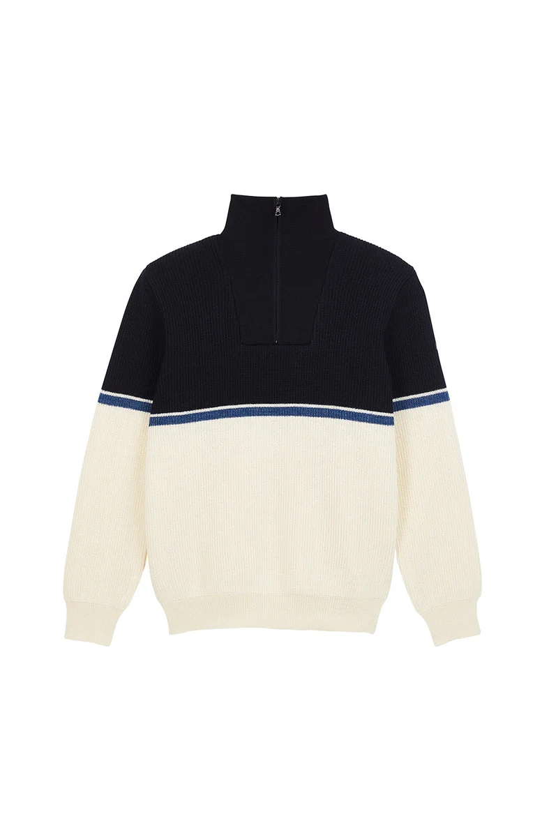 Pull camionneur écru et bleu marine pour femme