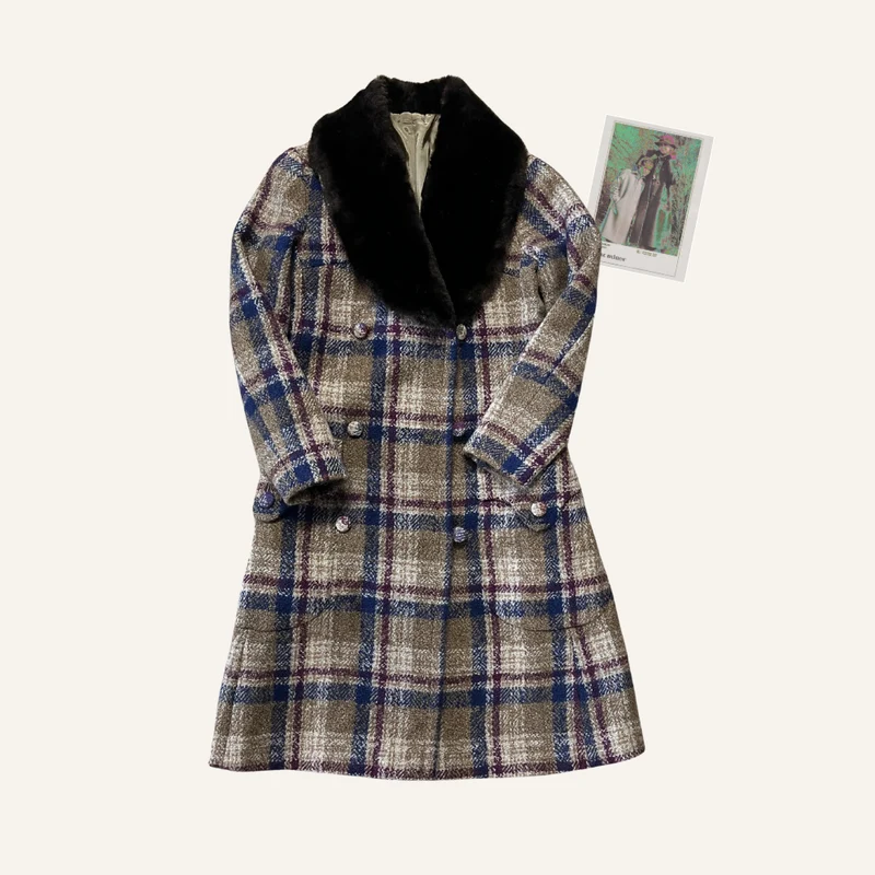 Manteau à carreaux col fourrure pour femme - Seconde main