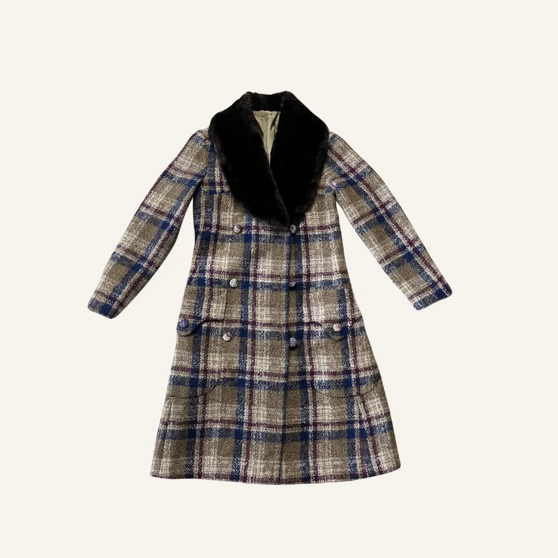 Manteau à carreaux col fourrure pour femme - Seconde main