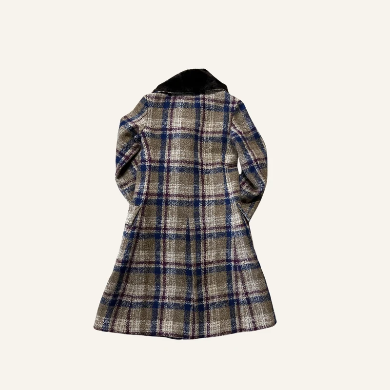 Manteau à carreaux col fourrure pour femme - Seconde main