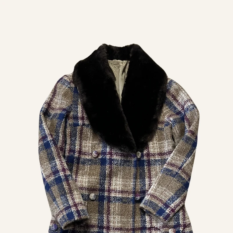 Manteau à carreaux col fourrure pour femme - Seconde main