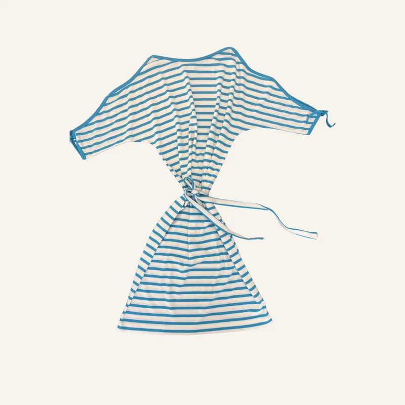 Robe marinière vintage blanche et bleu turquoise avec ceinture - Seconde main