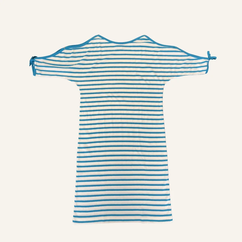 Robe marinière vintage blanche et bleu turquoise avec ceinture - Seconde main