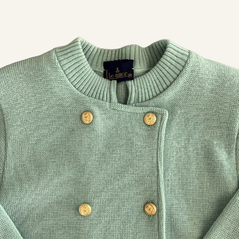 Cardigan vert pastel à boutons dorés en laine vierge pour femme - Seconde main