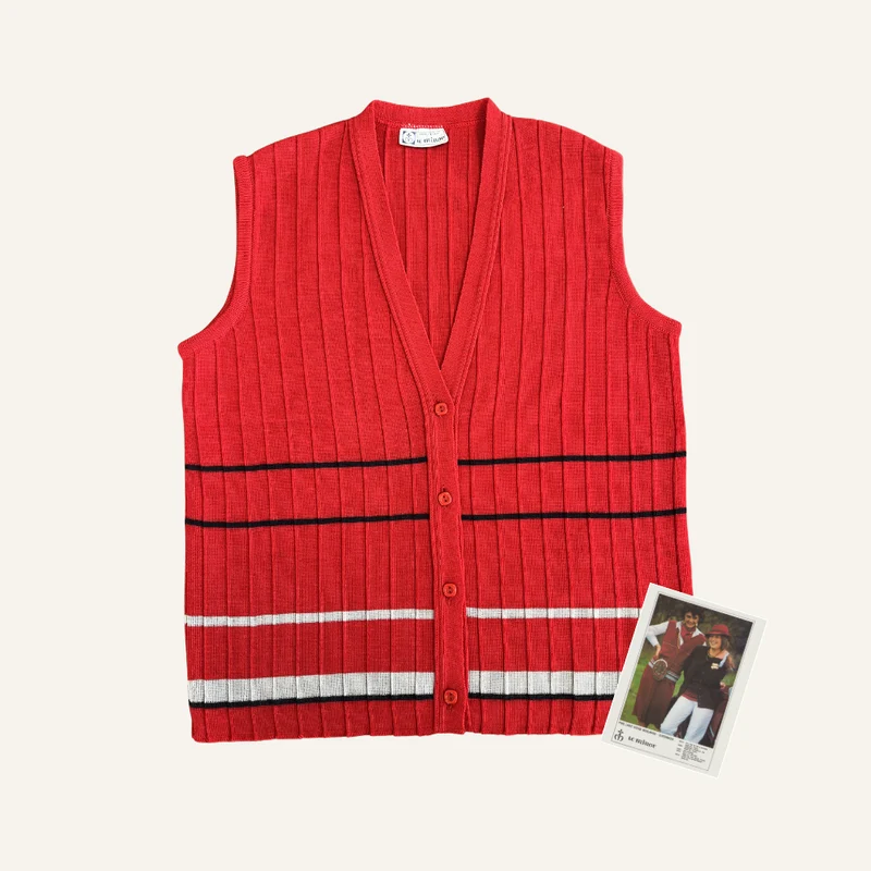 Gilet sans manches rouge à rayures en laine vierge pour femme - Seconde main