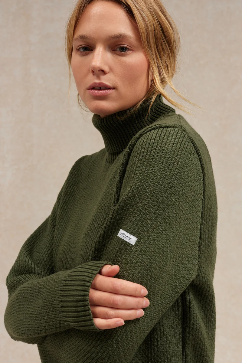 Pull col roulé Norvégien olive pour femme