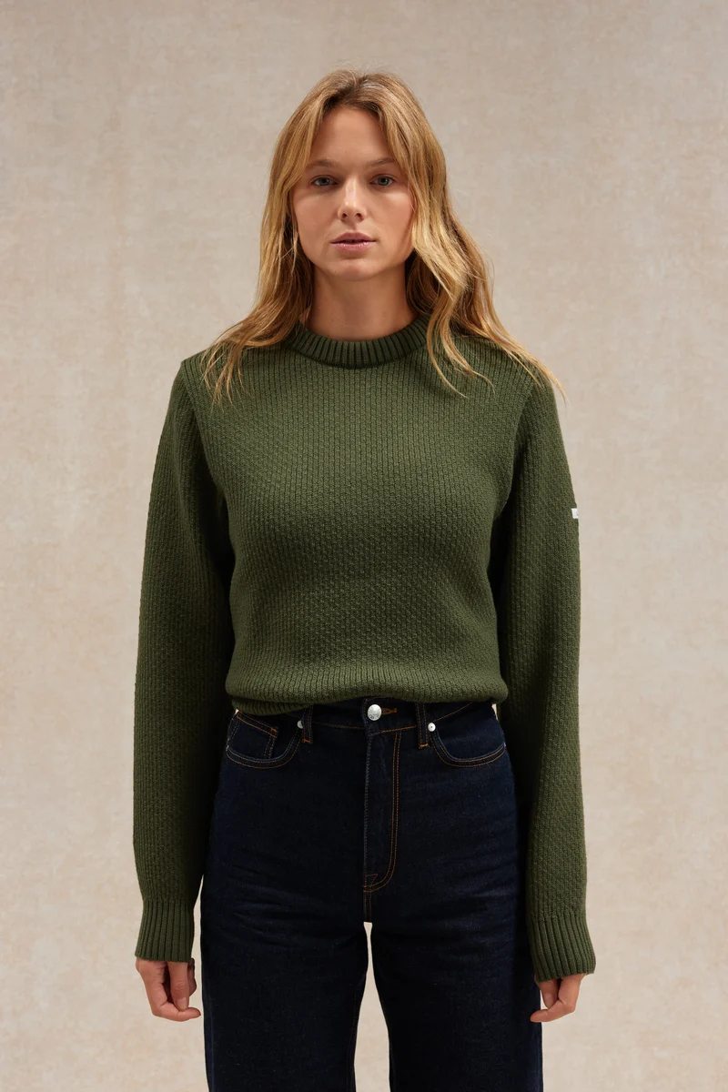 Pull col rond Norvégien olive pour femme
