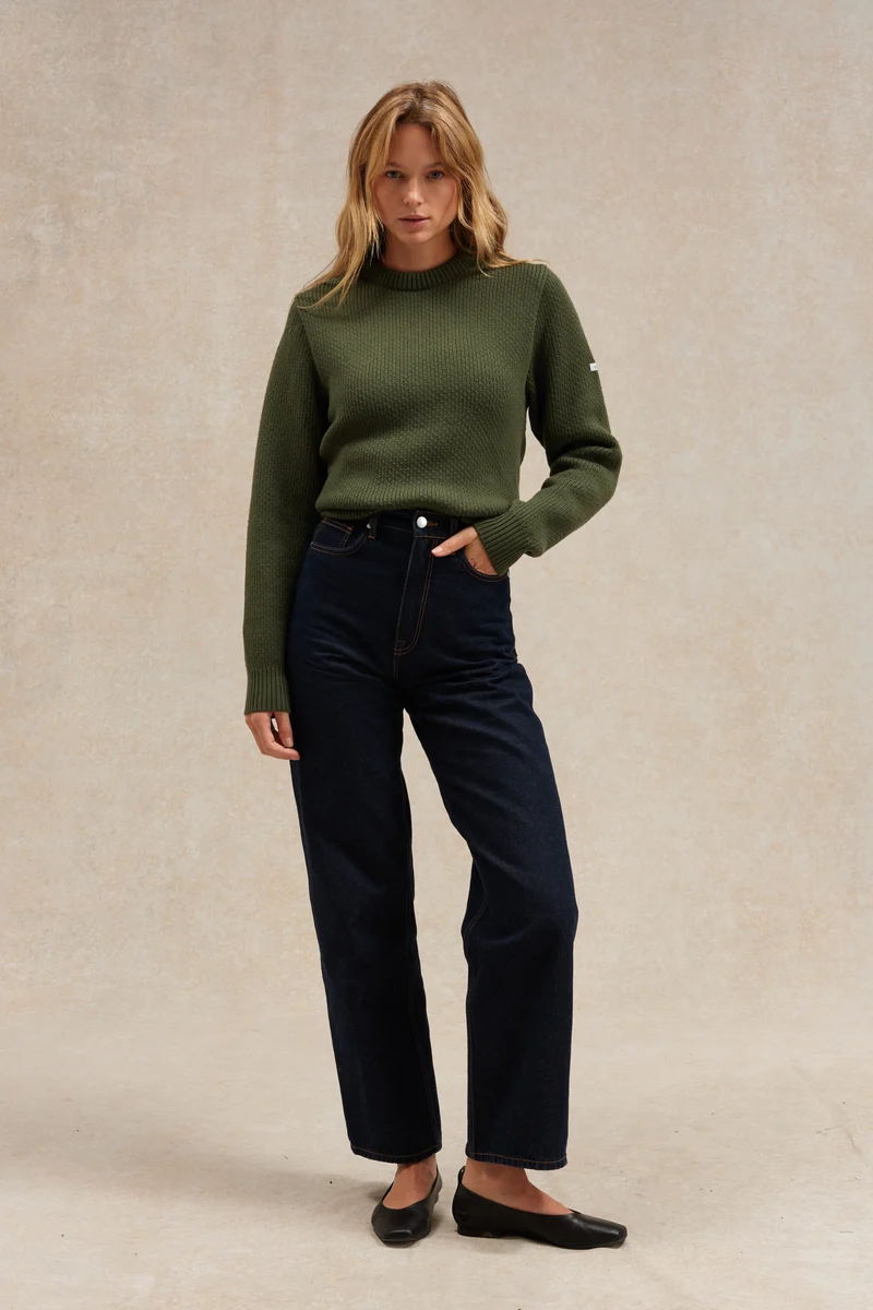 Pull col rond Norvégien olive pour femme