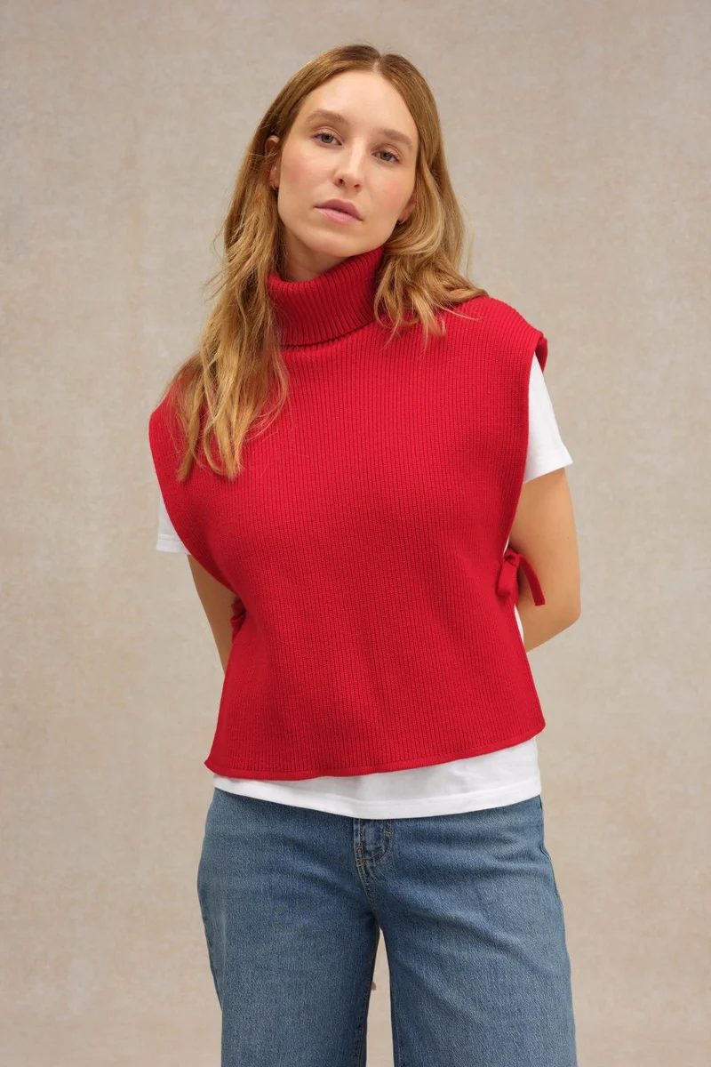 Plastron col roulé rouge en laine mérinos pour femme