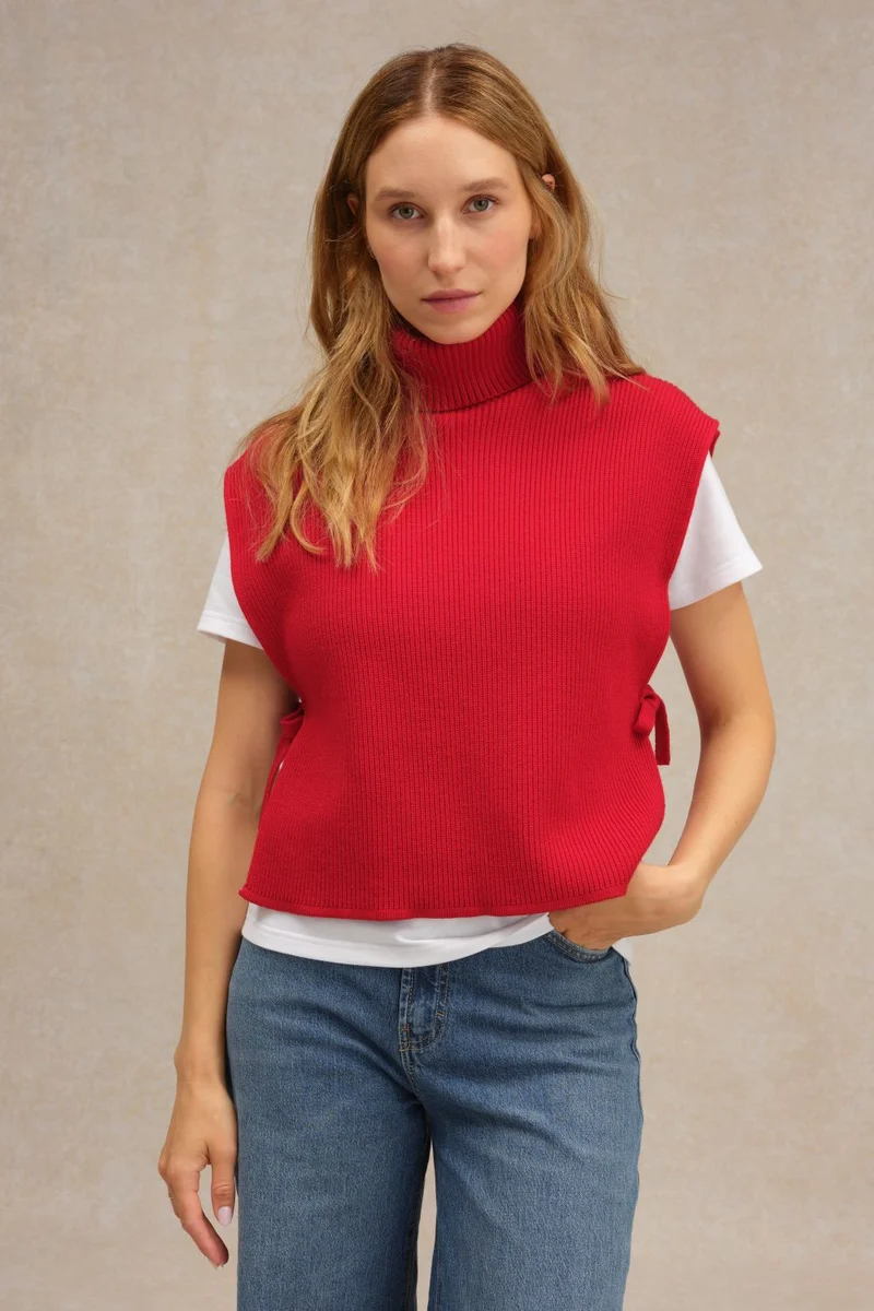 Plastron col roulé rouge en laine mérinos pour femme