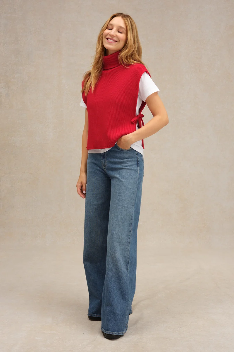 Plastron col roulé rouge en laine mérinos pour femme