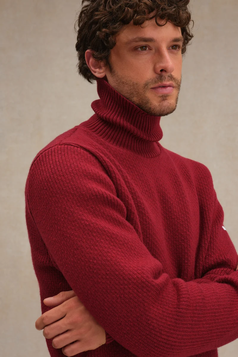 Pull col roulé Norvégien bordeaux pour homme