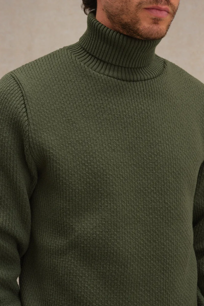 Pull col roulé Norvégien olive pour homme