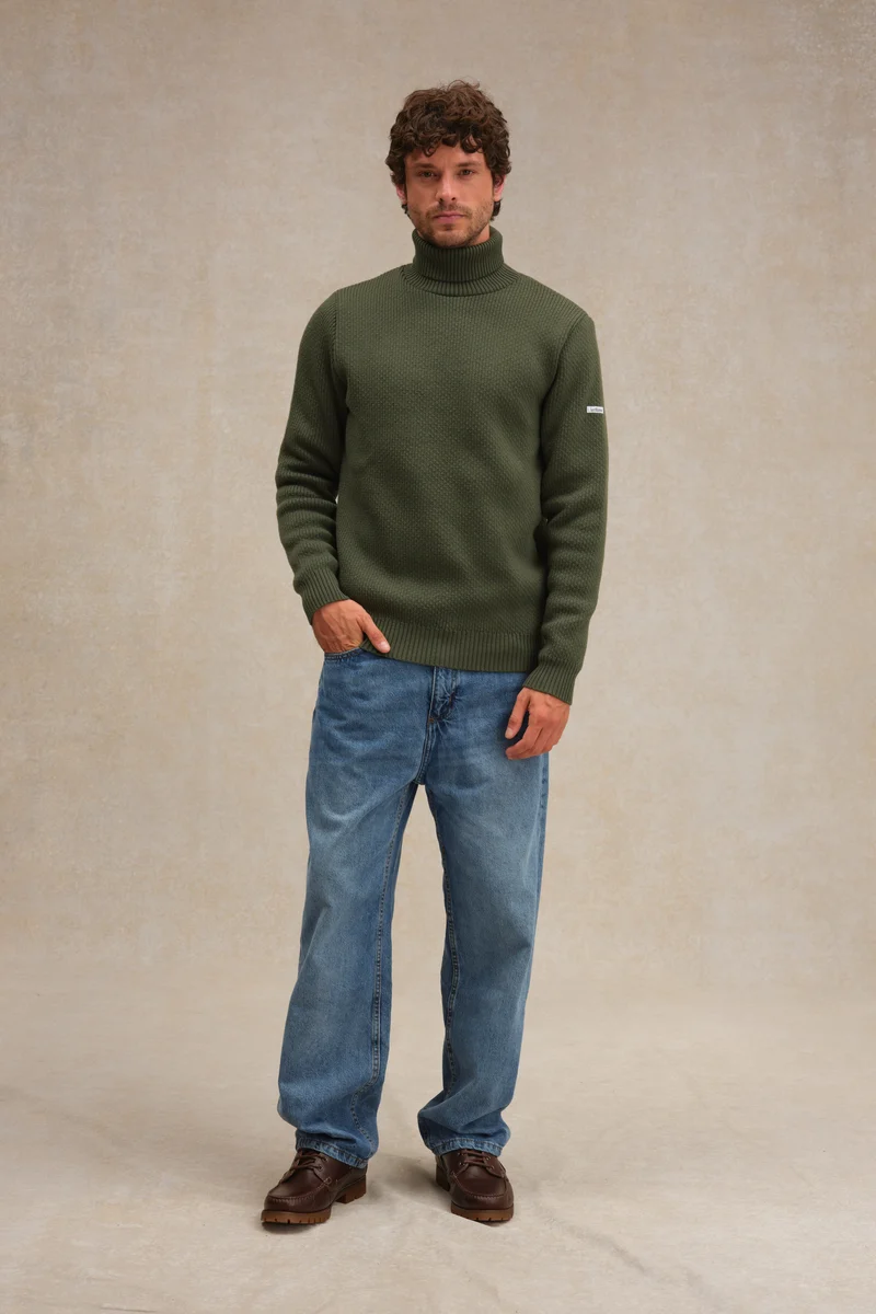 Pull col roulé Norvégien olive pour homme