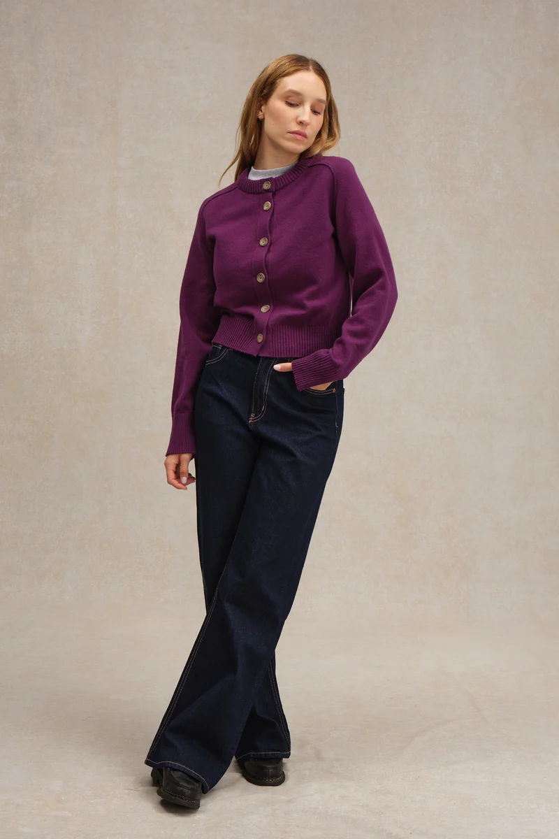 Cardigan prune en laine mérinos pour femme