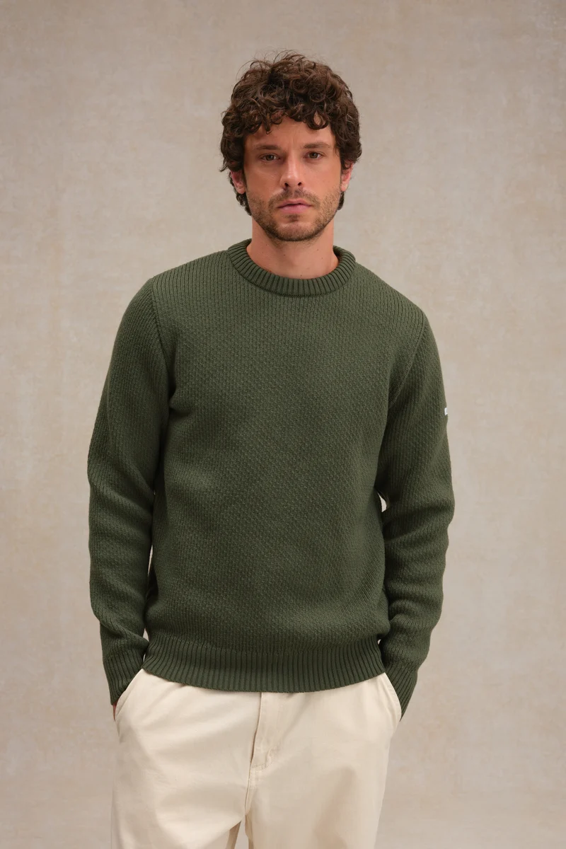 Pull col rond Norvégien olive pour homme