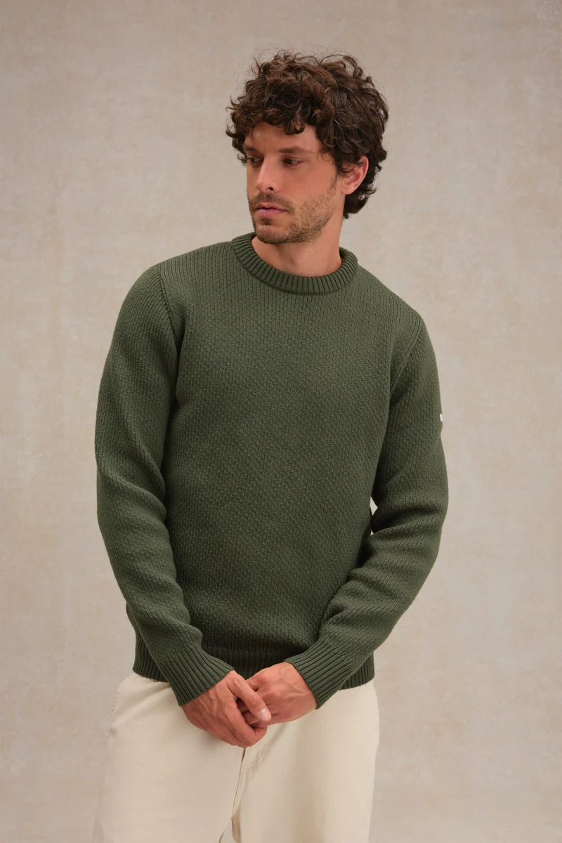 Pull col rond Norvégien olive pour homme