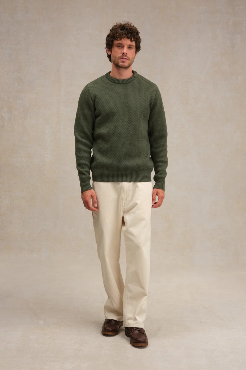 Pull col rond Norvégien olive pour homme