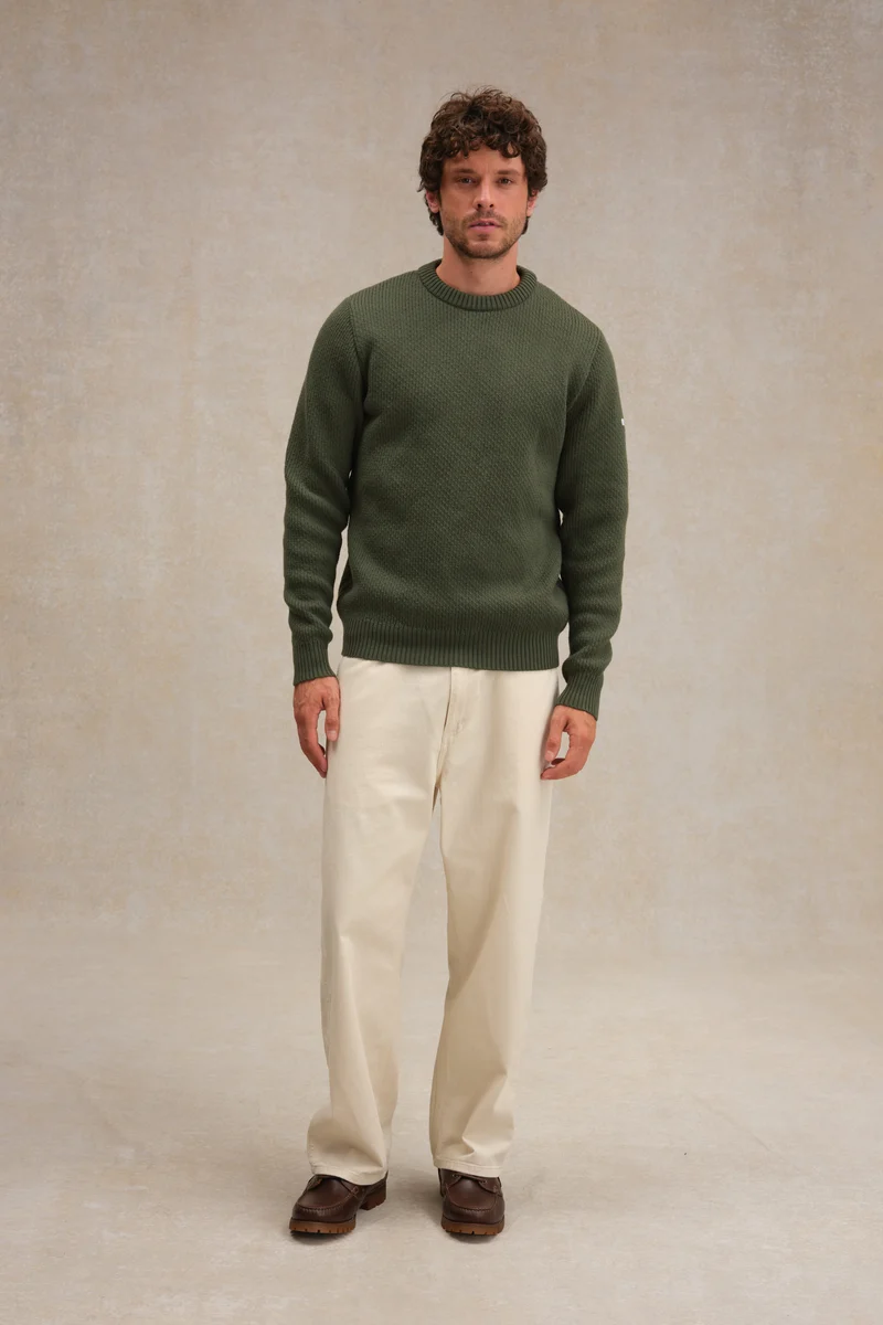 Pull col rond Norvégien olive pour homme