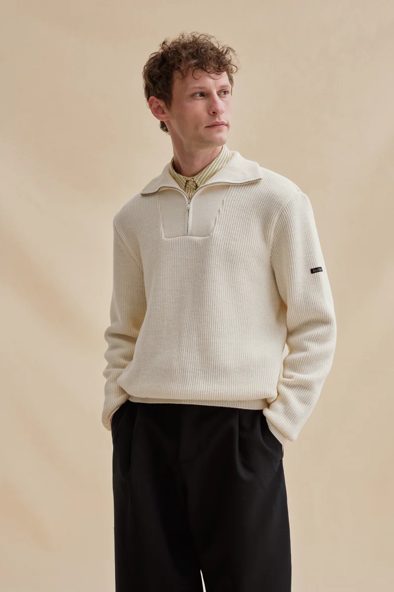 Pull camionneur écru en laine vierge pour homme