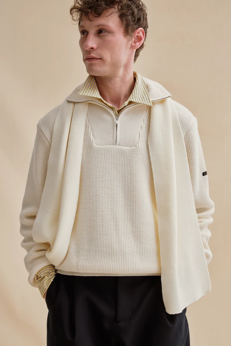 Pull camionneur écru en laine vierge pour homme