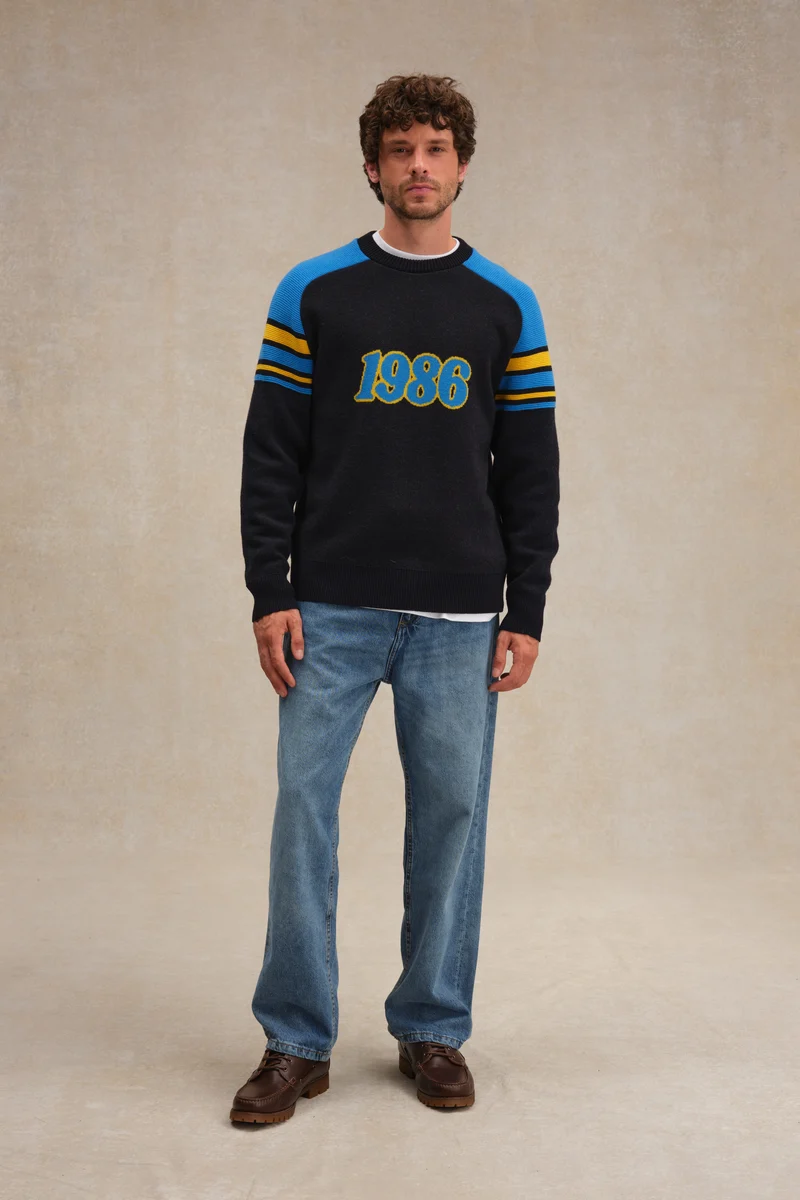 Pull 1986 bleu et jaune pour homme