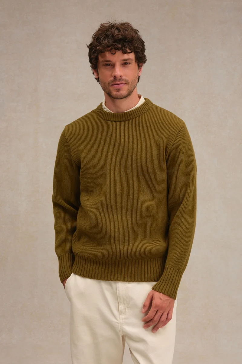 Pull homme col rond à côtes olive