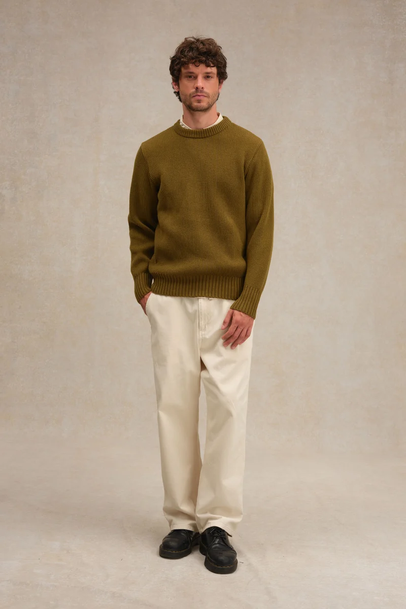 Pull homme col rond à côtes olive